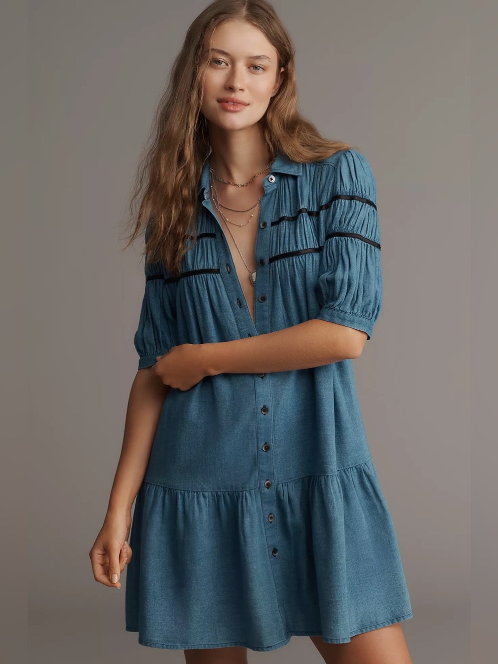 Anthropologie The Leandra Shireed yoke mini dress by Maeve XS Petite (boxy fit)